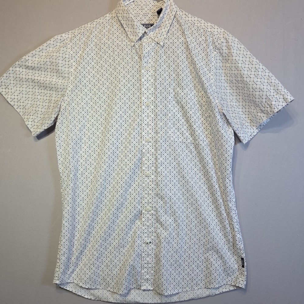 IZOD Men's M White Nautical Anchor Print Button Up Shirt Short Sleeve Pocket